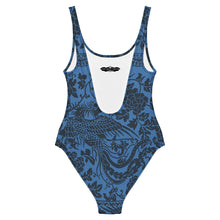Load image into Gallery viewer, Melodia Gallery blue one-piece swimsuit with a dark blue phoenix and floral print. Made from recycled materials.
