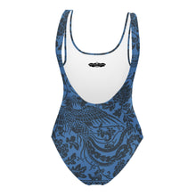 Load image into Gallery viewer, Melodia Gallery blue one-piece swimsuit with phoenix and floral print, made from recycled materials.
