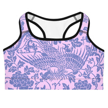 Load image into Gallery viewer, Melodia Gallery baby pink sports bra with a blue floral and phoenix print. Moisture-wicking, four-way stretch fabric.
