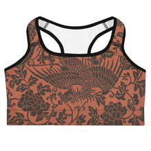 Load image into Gallery viewer, Melodia Gallery Phoenix + Floral recycled polyester sports bra with scoop neckline and racerback. Terracotta with dark floral and phoenix print.
