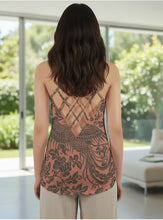 Load image into Gallery viewer, Melodia Gallery strappy tank top with phoenix and floral print, made of recycled polyester. Lattice back detail.
