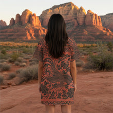 Load image into Gallery viewer, Melodia Gallery oversized cotton t-shirt dress in rust with a dark brown phoenix and floral print. Features ethnic, boho design.
