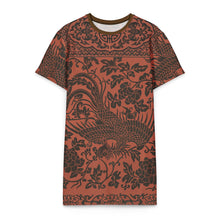 Load image into Gallery viewer, Melodia Gallery oversized rust cotton t-shirt dress with a dark brown phoenix and floral print. Features a crew neck and short sleeves.
