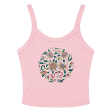 Load image into Gallery viewer, Melodia Gallery pink 100% cotton micro-rib tank top with vintage lotus floral graphic print.
