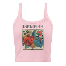 Load image into Gallery viewer, Melodia Gallery pink 100% cotton micro-rib tank top with vintage floral and butterfly graphic and Cyrillic text.
