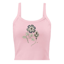 Load image into Gallery viewer, Melodia Gallery pink micro-rib cotton crop tank top with vintage floral graphic design.
