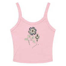 Load image into Gallery viewer, Melodia Gallery pink cotton micro-rib crop tank top with vintage floral graphic design.

