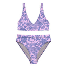Load image into Gallery viewer, Melodia Gallery baby pink recycled high-waisted bikini set with blue floral and phoenix print.

