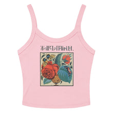 Load image into Gallery viewer, Melodia Gallery pink 100% cotton crop tank top with vintage floral and butterfly graphic art.
