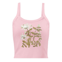 Load image into Gallery viewer, Melodia Gallery pink micro-rib cotton crop tank top with vintage-inspired honeysuckle floral design.
