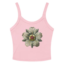 Load image into Gallery viewer, Melodia Gallery pink micro-rib cotton tank top with vintage rosette graphic design.

