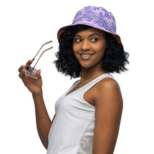 Load image into Gallery viewer, Melodia Gallery reversible bucket hat with purple dragon and floral pattern on one side, and lavender and blue on the other.
