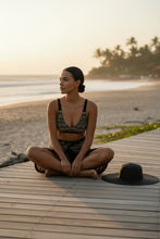 Load image into Gallery viewer, Melodia Gallery Shakti Lace Recycled High-waisted Bikini with black and gold zig-zag pattern, removable pads, double-layered.
