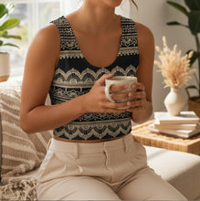Load image into Gallery viewer, Melodia Gallery Shakti Lace Cotton Crop Top in black with white lace-inspired pattern. Sleeveless, scoop neck.
