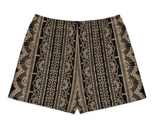 Load image into Gallery viewer, Melodia Gallery black cotton shorts with intricate beige lace-inspired graphic print, unisex fit.
