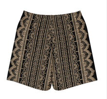 Load image into Gallery viewer, Melodia Gallery unisex black cotton shorts with intricate beige lace-inspired graphic print and relaxed fit.
