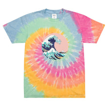 Load image into Gallery viewer, Melodia Gallery oversized tie-dye t-shirt in cotton featuring "The Great Wave" graphic print. Swirls of pink, yellow, green, and blue.
