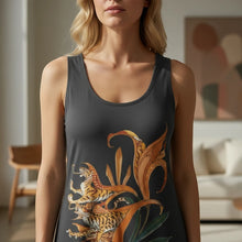 Load image into Gallery viewer, Melodia Gallery dark grey cotton bodycon dress with tiger lilies print. Sleeveless, scoop neck, vintage inspired.
