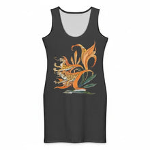 Load image into Gallery viewer, Melodia Gallery vintage-inspired bodycon dress with tiger lilies and tigers print. Sleeveless, scoop neck, dark grey cotton-elastane blend.
