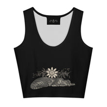 Load image into Gallery viewer, Melodia Gallery black 100% cotton crop top with a vintage-style graphic of a sleeping tiger and passionflower.

