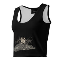 Load image into Gallery viewer, Melodia Gallery black 100% cotton crop top with a vintage tiger and passionflower graphic design.
