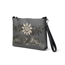 Load image into Gallery viewer, Melodia Gallery Tiger Passionflower Crossbody Bag with vintage art print on grey faux leather.
