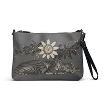 Load image into Gallery viewer, Melodia Gallery grey faux leather crossbody bag with a vintage tiger and passionflower print. Includes wrist strap.
