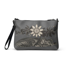 Load image into Gallery viewer, Melodia Gallery grey faux leather crossbody bag with tiger and passionflower art print. Includes wrist strap.
