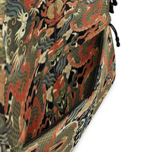 Load image into Gallery viewer, Melodia Gallery Twin Dragons backpack with 18th Century Qing Dynasty Kesi Silk Tapestry design in vermillion, jade, and gold.
