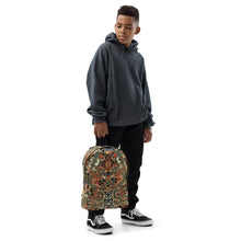 Load image into Gallery viewer, Melodia Gallery Twin Dragons backpack with 18th Century Qing Dynasty Kesi Silk Tapestry design in vermillion, jade, and gold.
