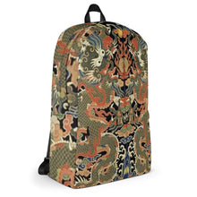 Load image into Gallery viewer, Melodia Gallery Twin Dragons backpack with 18th century Qing Dynasty kesi silk tapestry design in vermillion, jade, and gold.
