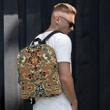 Load image into Gallery viewer, Melodia Gallery Twin Dragons backpack featuring 18th century Qing Dynasty kesi silk tapestry design with dragons and clouds in vermillion, jade, and gold.
