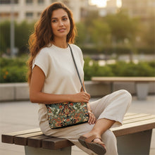 Load image into Gallery viewer, Melodia Gallery Twin Dragons crossbody bag with faux leather, featuring a Qing Dynasty tapestry design in vermillion, jade, and gold.
