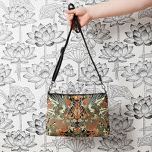 Load image into Gallery viewer, Melodia Gallery Twin Dragons crossbody bag with faux leather exterior, featuring a vibrant 18th-century Qing Dynasty tapestry design in vermillion, jade, and gold.
