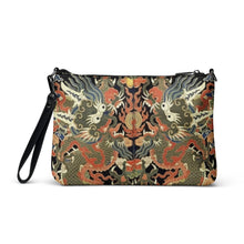Load image into Gallery viewer, Melodia Gallery Twin Dragons Crossbody Bag, faux leather with 18th century Qing Dynasty tapestry design in vermillion, jade, and gold.
