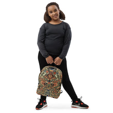 Load image into Gallery viewer, Melodia Gallery Twin Dragons backpack with 18th Century Qing Dynasty Kesi Silk Tapestry design in vermillion, jade, and gold.
