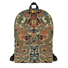 Load image into Gallery viewer, Melodia Gallery Twin Dragons backpack with 18th Century Qing Dynasty Kesi Silk Tapestry design in vermillion, jade, and gold.
