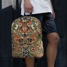 Load image into Gallery viewer, Melodia Gallery Twin Dragons backpack with 18th Century Qing Dynasty Kesi Silk Tapestry design in vermillion, jade, and gold.
