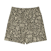 Load image into Gallery viewer, Melodia Gallery Unisex cotton long shorts with a vintage floral pattern in beige and dark brown.
