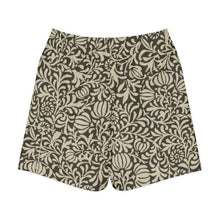 Load image into Gallery viewer, Melodia Gallery unisex long shorts in cotton with a vintage floral pattern in dark brown and beige.
