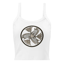 Load image into Gallery viewer, Melodia Gallery white 100% cotton micro-rib tank top with a circular graphic of fish and lotus flowers.
