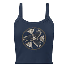 Load image into Gallery viewer, Melodia Gallery navy blue 100% cotton micro-rib tank top with vintage fish and lotus graphic.
