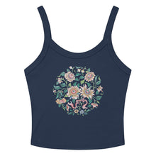 Load image into Gallery viewer, Melodia Gallery navy blue 100% cotton micro-rib tank top with a vintage floral graphic.
