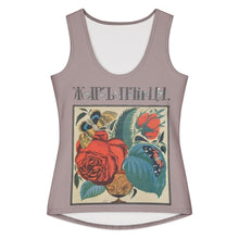 Load image into Gallery viewer, Melodia Gallery women's 100% cotton tank top with a vintage floral and butterfly graphic. Features a red rose and blue leaves.
