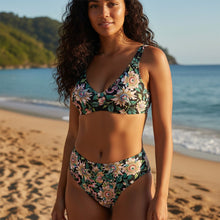 Load image into Gallery viewer, Melodia Gallery vintage lotus flower recycled high-waisted bikini with floral print and pink ribbon accents.
