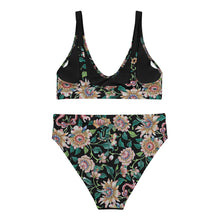 Load image into Gallery viewer, Melodia Gallery vintage lotus flower recycled high-waisted bikini with floral print on black background.
