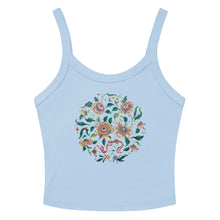 Load image into Gallery viewer, Melodia Gallery light blue 100% cotton micro-rib tank top with vintage floral print and ribbon detail.
