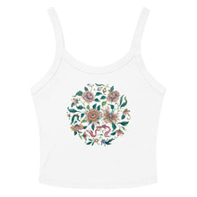 Load image into Gallery viewer, Melodia Gallery white 100% cotton micro-rib tank top with vintage lotus floral graphic print.

