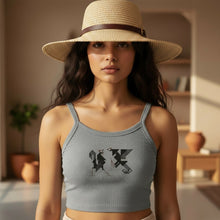 Load image into Gallery viewer, Melodia Gallery grey micro-rib 100% cotton tank top with vintage rooster graphic design.
