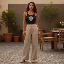Load image into Gallery viewer, Melodia Gallery black 100% cotton micro-rib tank top with vintage rosette graphic design.
